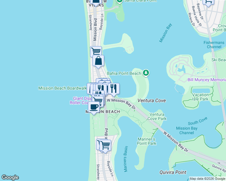 map of restaurants, bars, coffee shops, grocery stores, and more near Bayside Ln & Isthmus Ct in San Diego