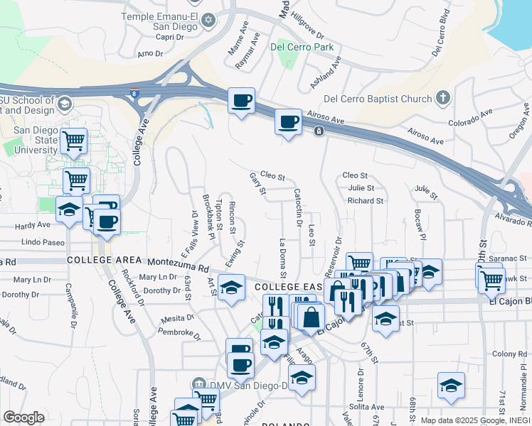 map of restaurants, bars, coffee shops, grocery stores, and more near 6407 Richard Street in San Diego