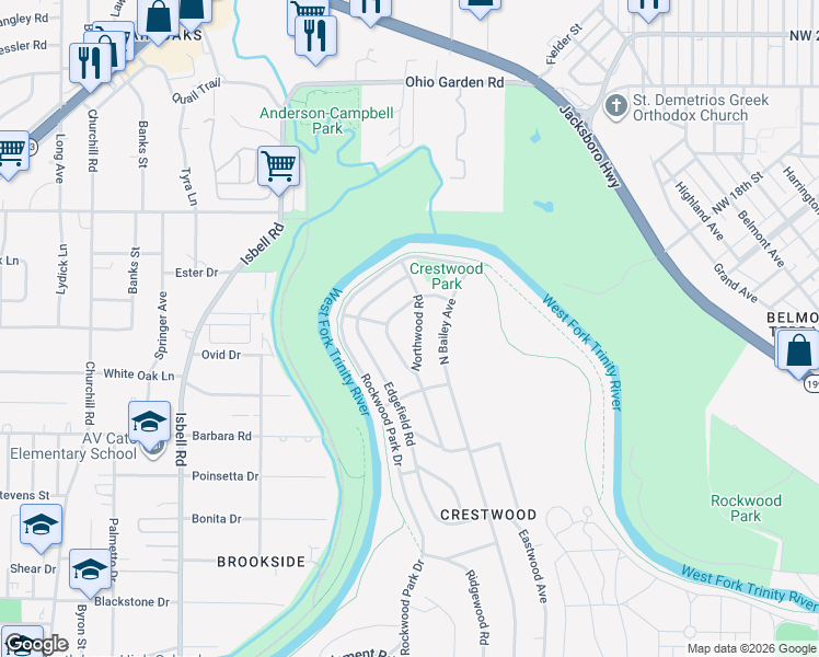 map of restaurants, bars, coffee shops, grocery stores, and more near 849 Northwood Road in Fort Worth