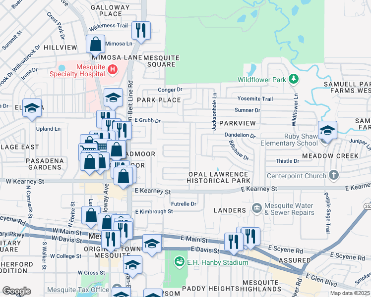 map of restaurants, bars, coffee shops, grocery stores, and more near 411 Dinalynn Drive in Mesquite