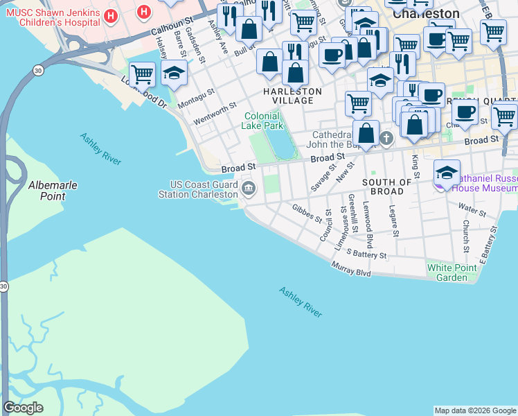 map of restaurants, bars, coffee shops, grocery stores, and more near 194 Tradd Street in Charleston