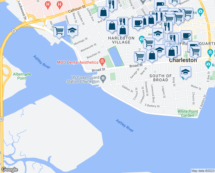map of restaurants, bars, coffee shops, grocery stores, and more near 194 Tradd Street in Charleston