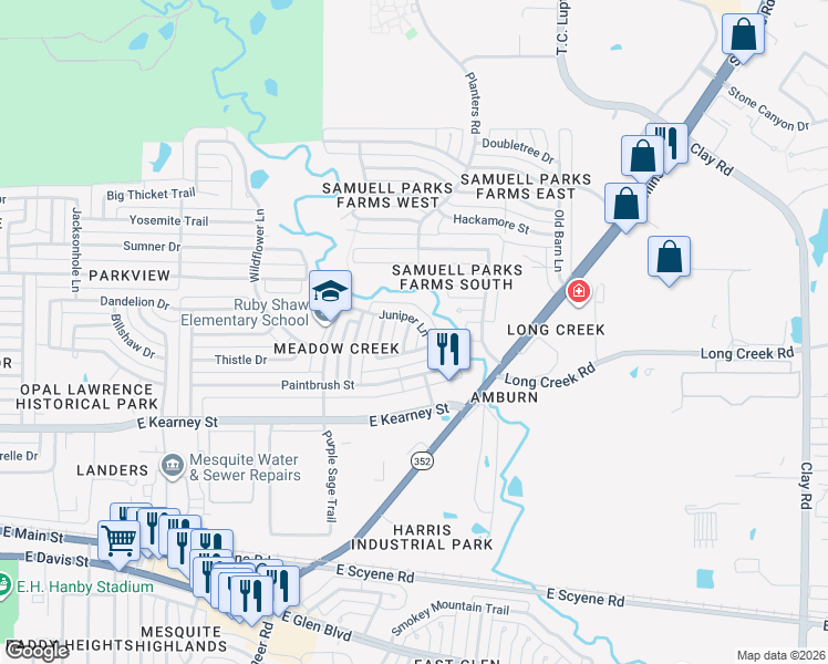 map of restaurants, bars, coffee shops, grocery stores, and more near 1449 Juniper Lane in Mesquite