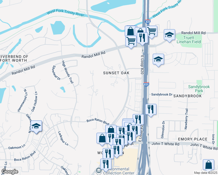 map of restaurants, bars, coffee shops, grocery stores, and more near 432 Sunset Oak Drive in Fort Worth