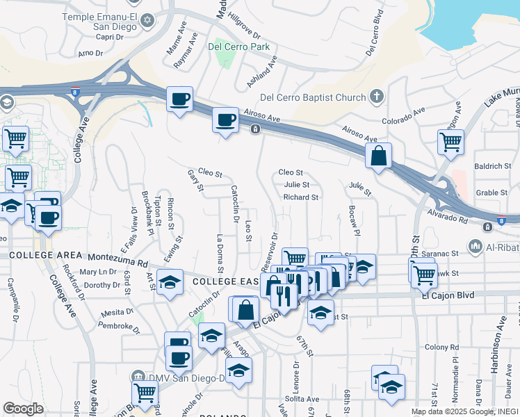 map of restaurants, bars, coffee shops, grocery stores, and more near 6544 Roxy Lane in San Diego