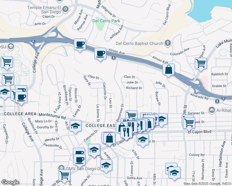 map of restaurants, bars, coffee shops, grocery stores, and more near 6544 Roxy Lane in San Diego