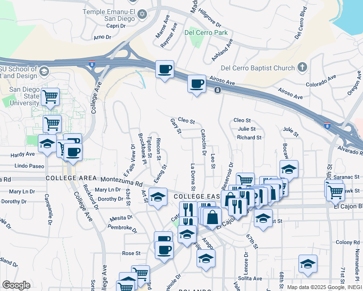 map of restaurants, bars, coffee shops, grocery stores, and more near 6407 Richard Street in San Diego