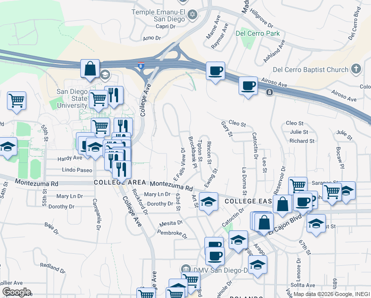 map of restaurants, bars, coffee shops, grocery stores, and more near 5236 East Falls View Drive in San Diego
