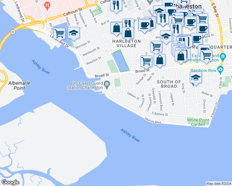 map of restaurants, bars, coffee shops, grocery stores, and more near 184 Tradd Street in Charleston