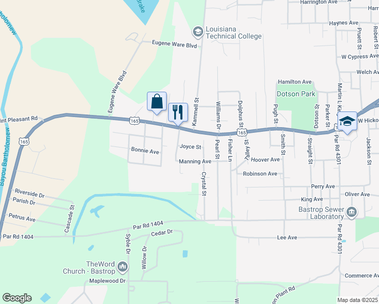 map of restaurants, bars, coffee shops, grocery stores, and more near 1905 Joyce Avenue in Bastrop