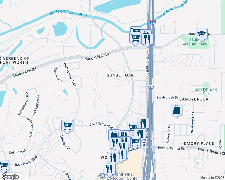 map of restaurants, bars, coffee shops, grocery stores, and more near 432 Sunset Oak Drive in Fort Worth