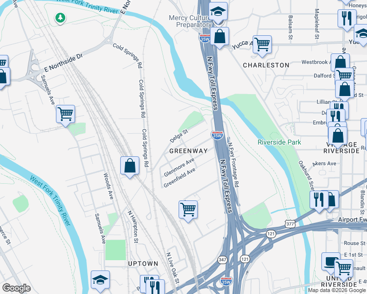 map of restaurants, bars, coffee shops, grocery stores, and more near 1837 Portland Avenue in Fort Worth