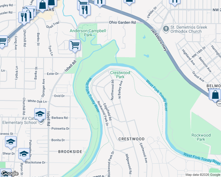 map of restaurants, bars, coffee shops, grocery stores, and more near 849 Northwood Road in Fort Worth