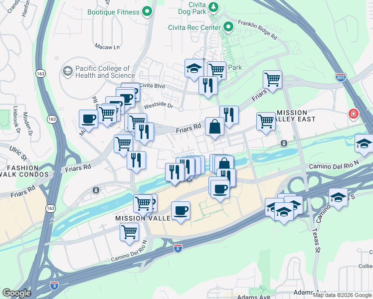 map of restaurants, bars, coffee shops, grocery stores, and more near 7970 Mission Center Court in San Diego