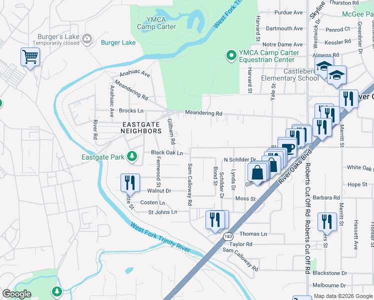 map of restaurants, bars, coffee shops, grocery stores, and more near 6000 Black Oak Lane in River Oaks