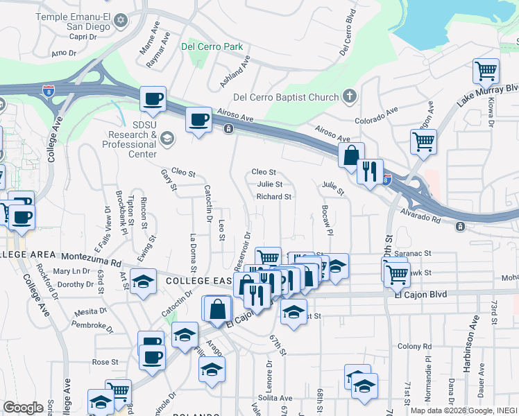 map of restaurants, bars, coffee shops, grocery stores, and more near 5204 Lenore Drive in San Diego