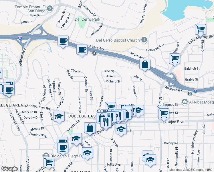 map of restaurants, bars, coffee shops, grocery stores, and more near 6644 Reservoir Lane in San Diego