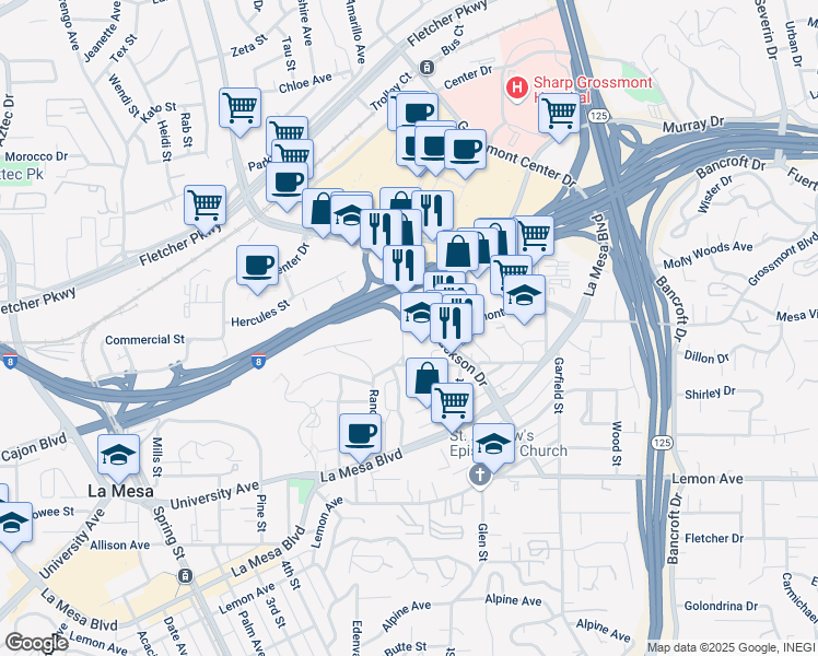 map of restaurants, bars, coffee shops, grocery stores, and more near 5169 Randlett Drive in La Mesa