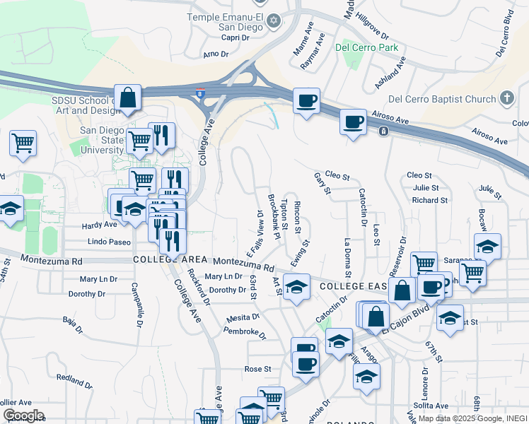 map of restaurants, bars, coffee shops, grocery stores, and more near 5236 East Falls View Drive in San Diego