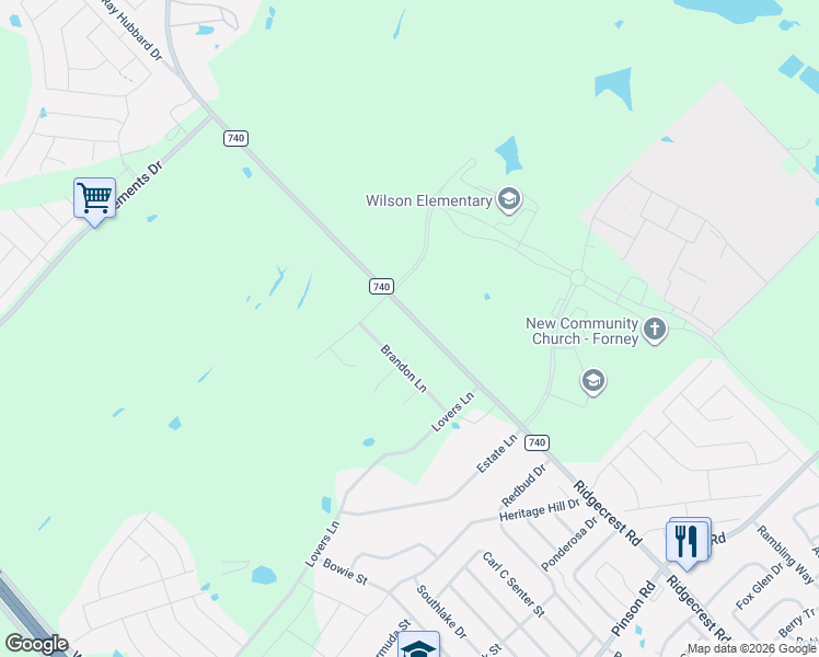 map of restaurants, bars, coffee shops, grocery stores, and more near 613 Farm to Market Road 740 in Forney