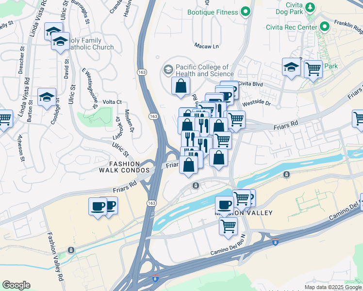 map of restaurants, bars, coffee shops, grocery stores, and more near 1450 Frazee Road in San Diego