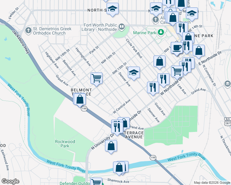 map of restaurants, bars, coffee shops, grocery stores, and more near 1500 Harrington Avenue in Fort Worth