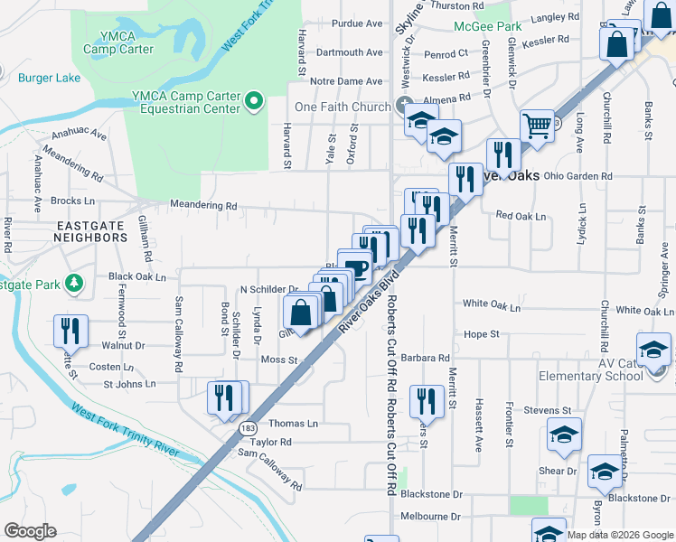 map of restaurants, bars, coffee shops, grocery stores, and more near 5408 Black Oak Lane in River Oaks