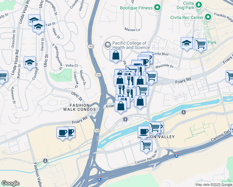 map of restaurants, bars, coffee shops, grocery stores, and more near 1450 Frazee Road in San Diego