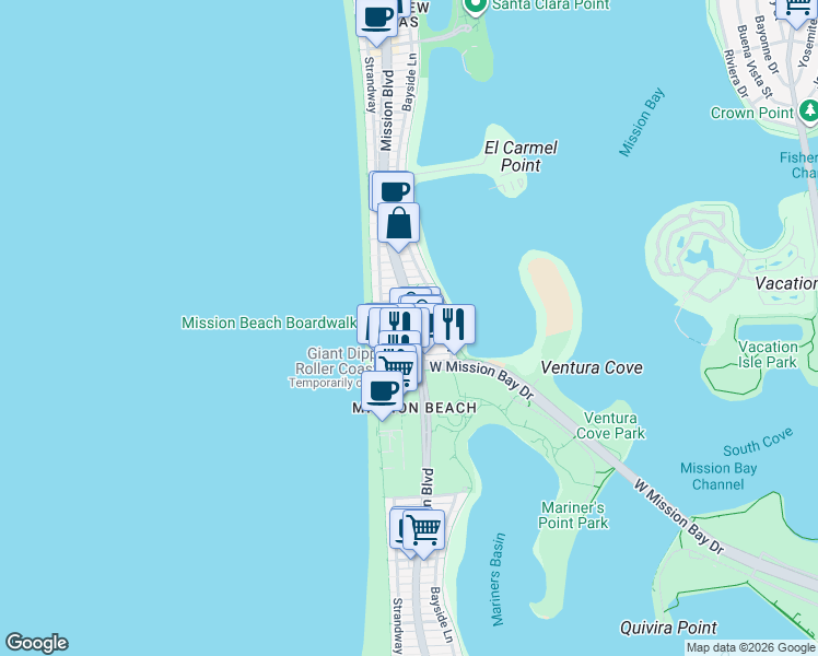 map of restaurants, bars, coffee shops, grocery stores, and more near in San Diego