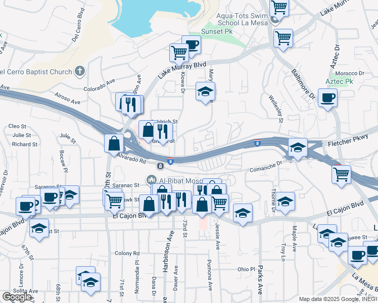 map of restaurants, bars, coffee shops, grocery stores, and more near 5240 Guessman Avenue in La Mesa