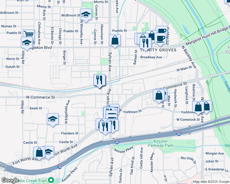 map of restaurants, bars, coffee shops, grocery stores, and more near 707 West Commerce Street in Dallas