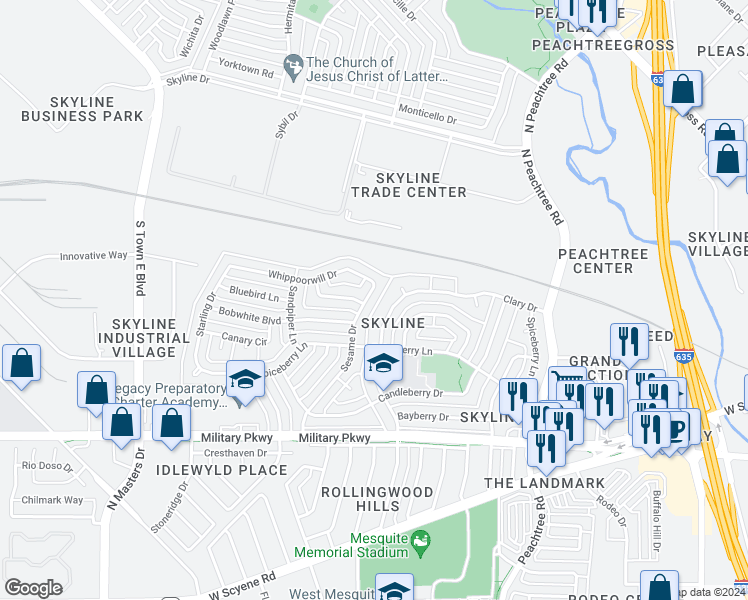 map of restaurants, bars, coffee shops, grocery stores, and more near 508 Sesame Drive in Mesquite