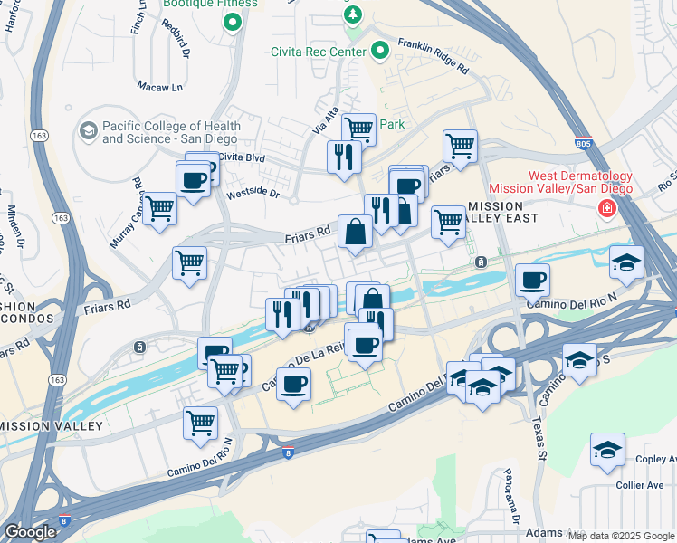 map of restaurants, bars, coffee shops, grocery stores, and more near 8222 Station Village Lane in San Diego