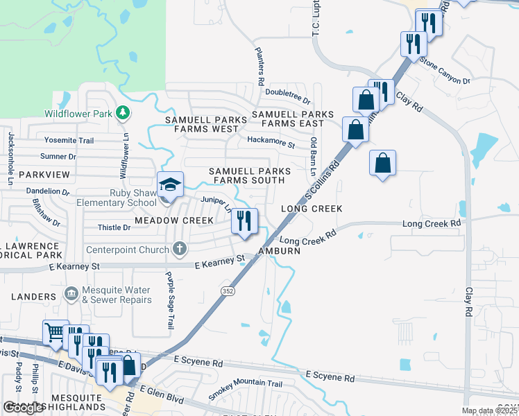 map of restaurants, bars, coffee shops, grocery stores, and more near 805 Winding Creek in Mesquite