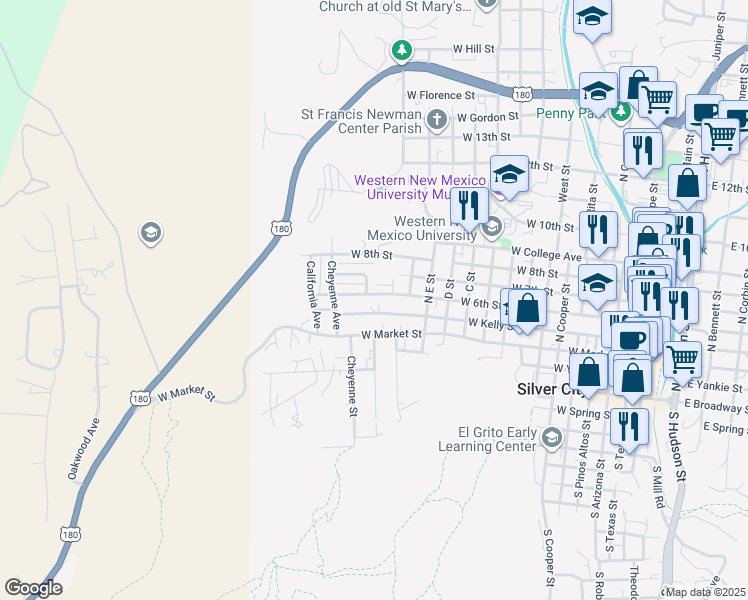 map of restaurants, bars, coffee shops, grocery stores, and more near 1421 West 6th Street in Silver City