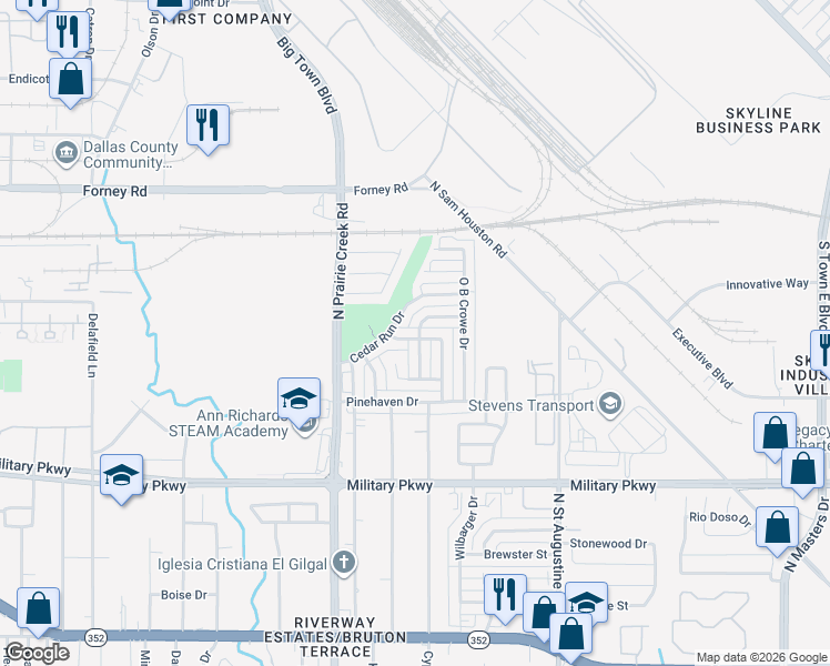 map of restaurants, bars, coffee shops, grocery stores, and more near 9308 Cedar Run Drive in Dallas