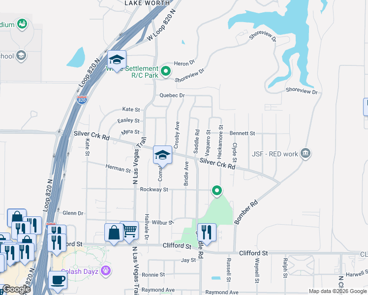 map of restaurants, bars, coffee shops, grocery stores, and more near 809 Bridle Avenue in Fort Worth