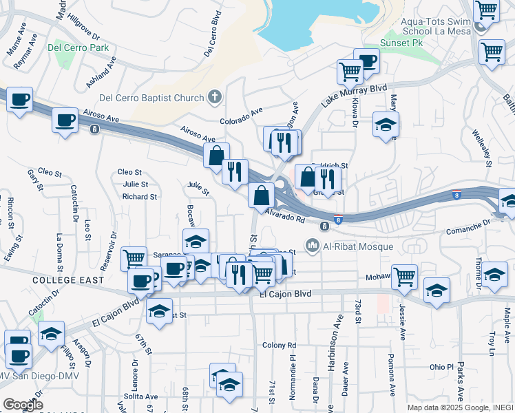 map of restaurants, bars, coffee shops, grocery stores, and more near 70th Street & Alvarado Road in San Diego