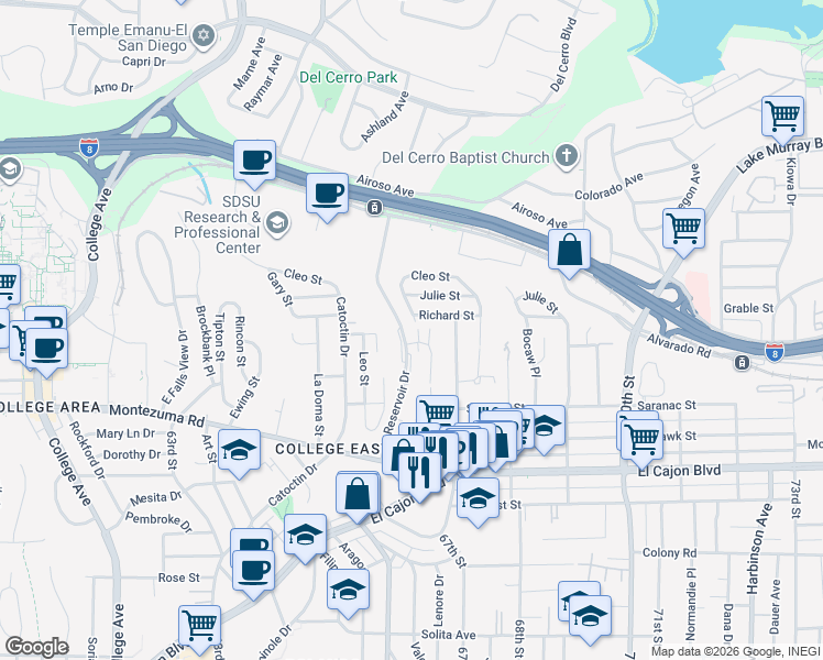 map of restaurants, bars, coffee shops, grocery stores, and more near 6612 Reservoir Lane in San Diego