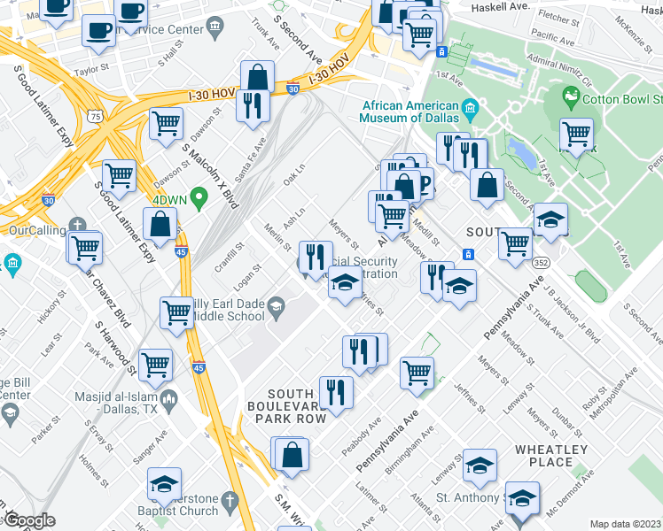 map of restaurants, bars, coffee shops, grocery stores, and more near 2633 Jeffries Street in Dallas
