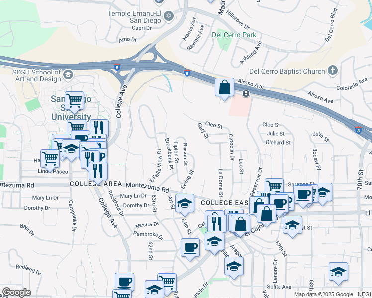 map of restaurants, bars, coffee shops, grocery stores, and more near 5235 Rincon Street in San Diego