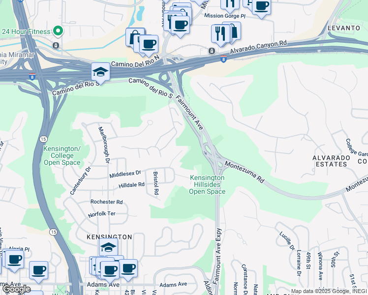 map of restaurants, bars, coffee shops, grocery stores, and more near 4357 Caminito De La Escena in San Diego