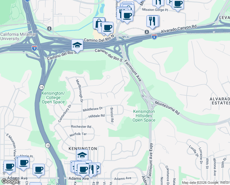 map of restaurants, bars, coffee shops, grocery stores, and more near 4309 Caminito Pintoresco in San Diego