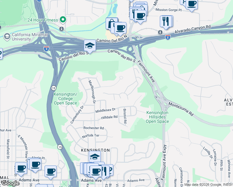 map of restaurants, bars, coffee shops, grocery stores, and more near 4262 Caminito Pintoresco in San Diego