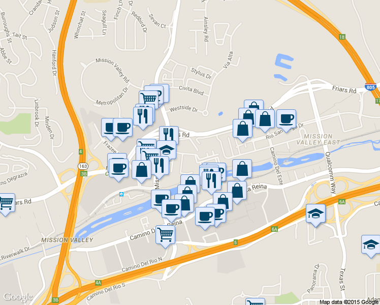 map of restaurants, bars, coffee shops, grocery stores, and more near 7960 Mission Center Court in San Diego