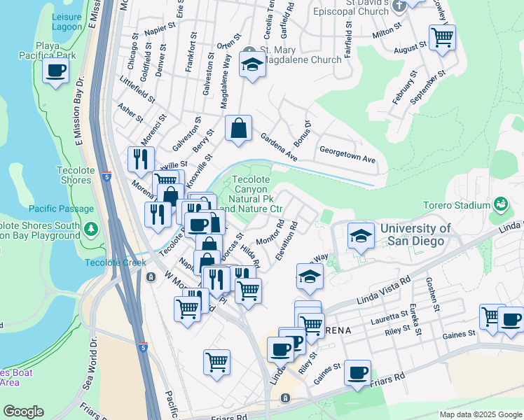 map of restaurants, bars, coffee shops, grocery stores, and more near 1518 Everview Road in San Diego