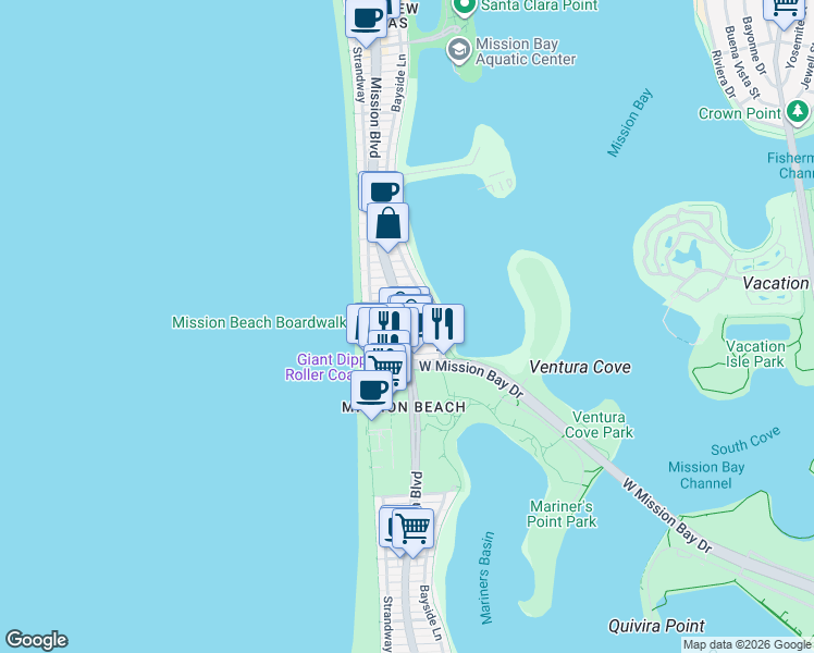 map of restaurants, bars, coffee shops, grocery stores, and more near in San Diego