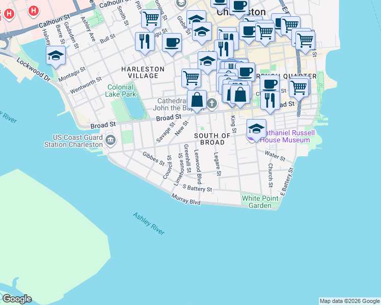 map of restaurants, bars, coffee shops, grocery stores, and more near 1 Greenhill Street in Charleston