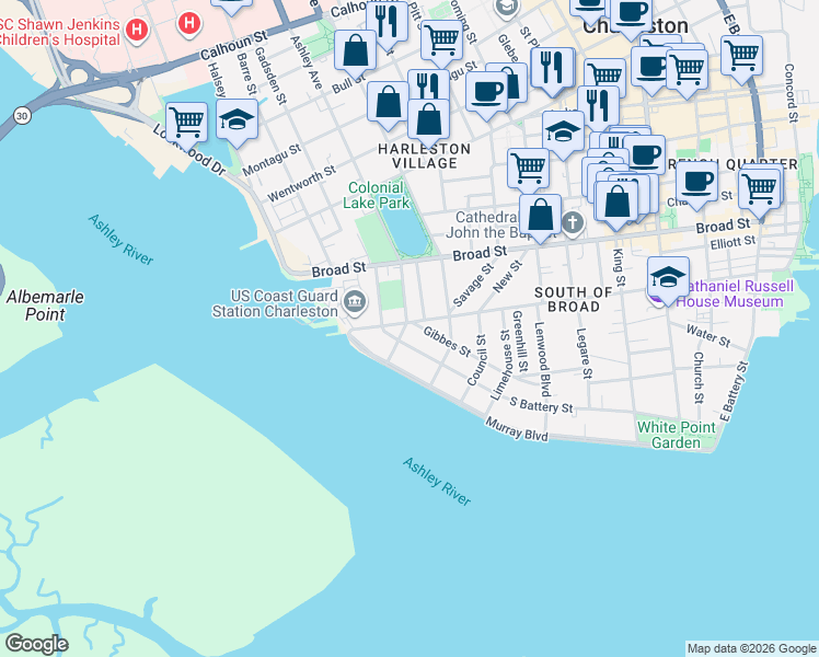 map of restaurants, bars, coffee shops, grocery stores, and more near 184 Tradd Street in Charleston