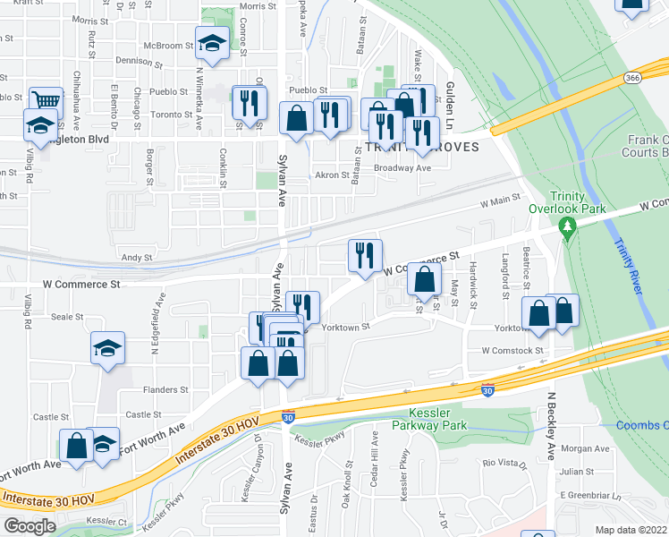 map of restaurants, bars, coffee shops, grocery stores, and more near 539 West Commerce Street in Dallas